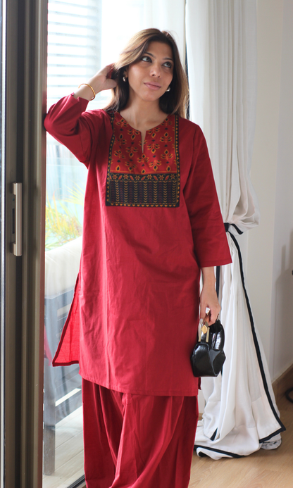 Rose Red Patch Kurta and Farshi Salwaar
