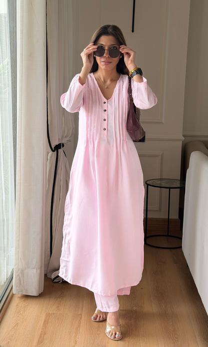 Pink Lily Pleated Buttoned Kurta with Pants