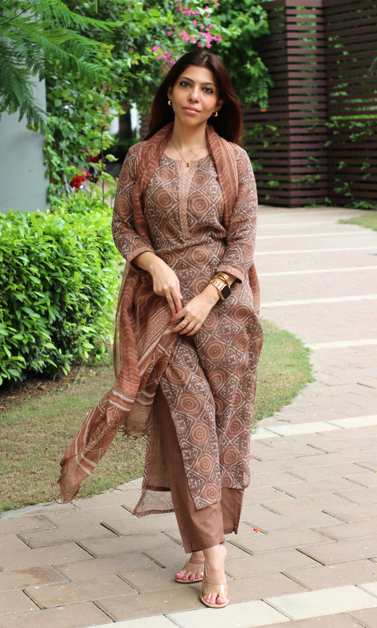 Kota Doria Sandalwood Handblock Print Kurta, Dupatta with Cotton Pants