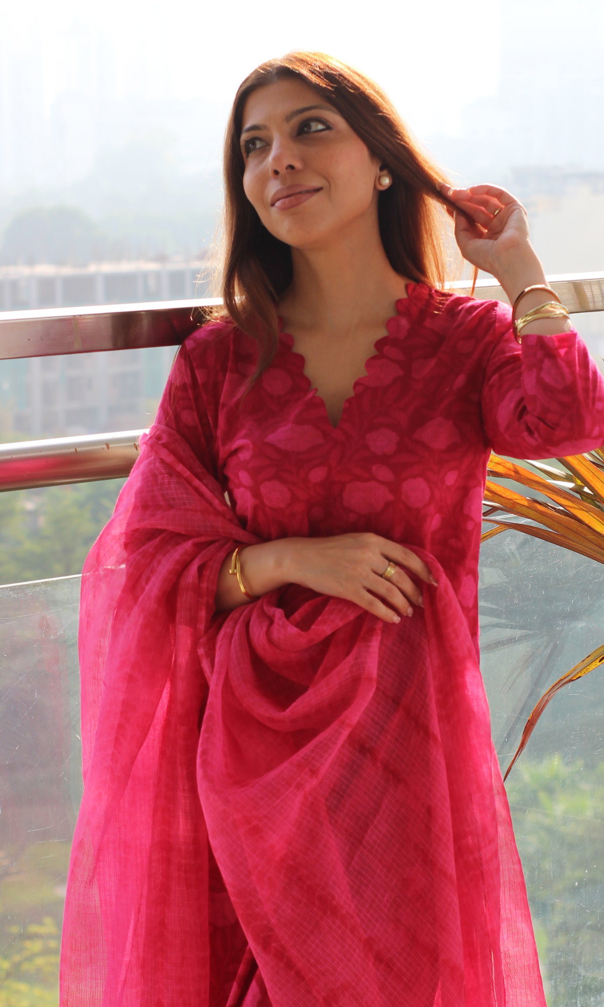 Fuschsia Love Dabu Texture Cotton Kurta, Pant & Kota Doria Shibori Dupatta