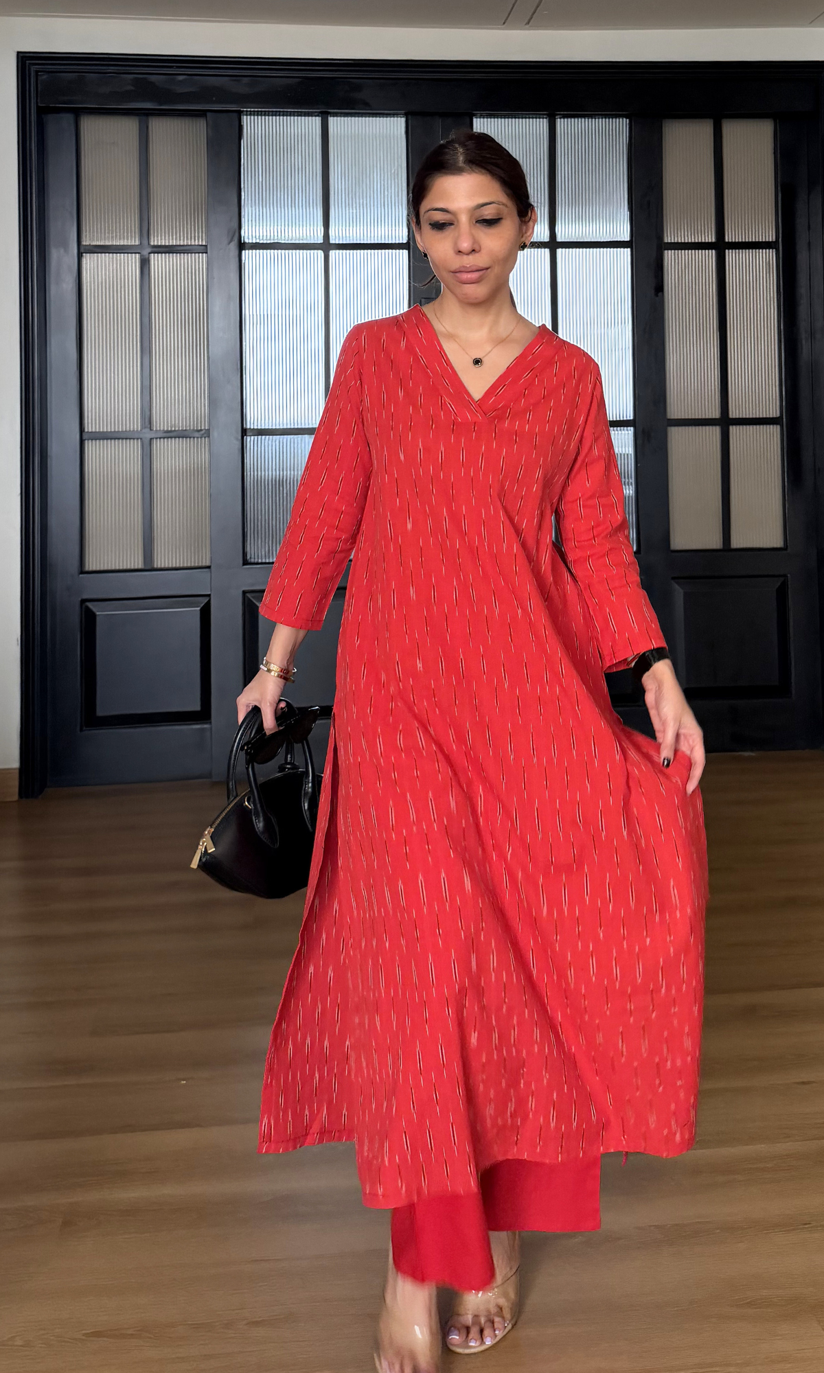 Cherry Red Ikat Kurta & Cotton Pants