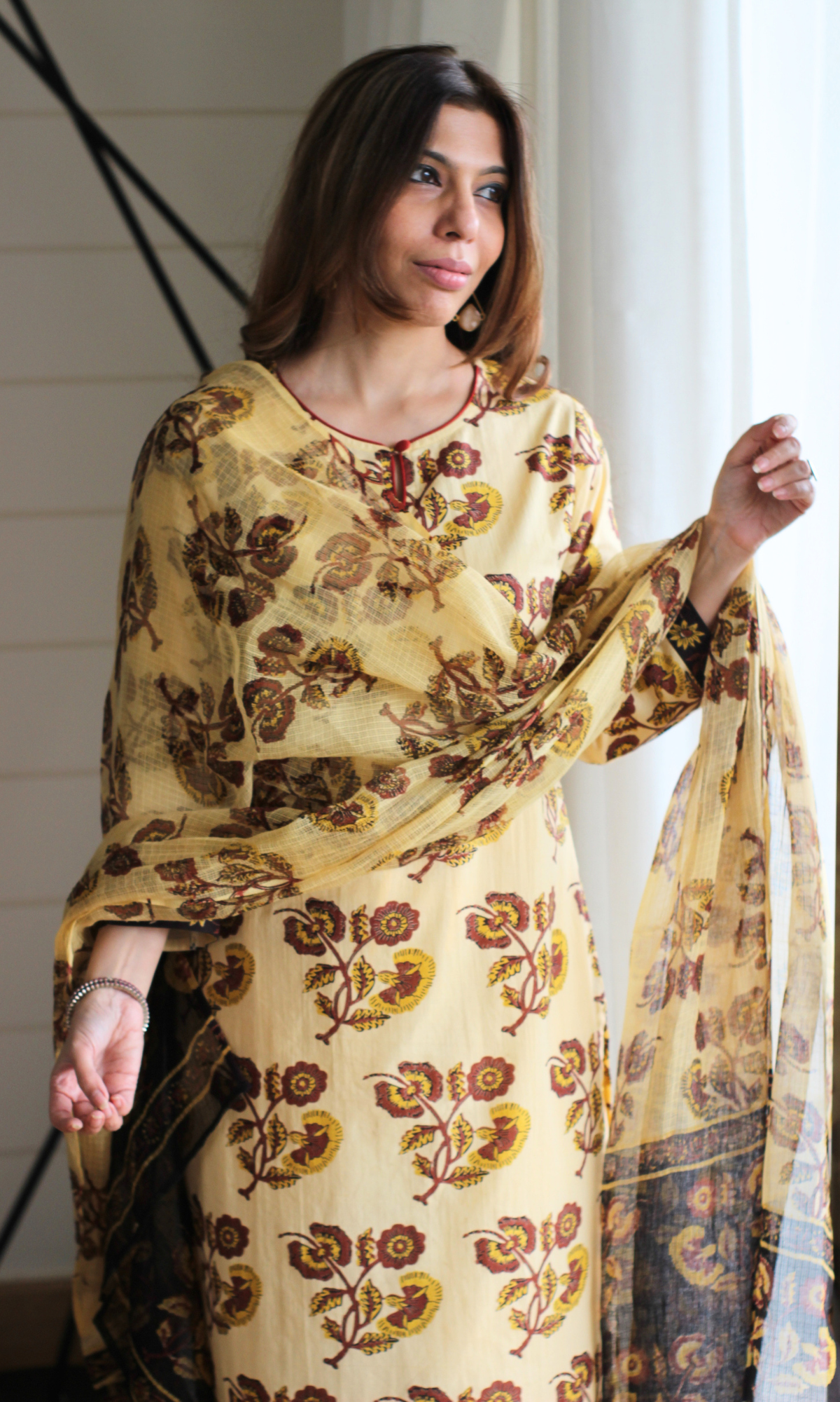 Samira Beige Mughal Print Kurta, Cotton Pant & Kota Doria Block Printed Dupatta