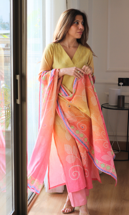 Pink Mirage Linen Blend Kurta , Dupatta & Cotton Pants