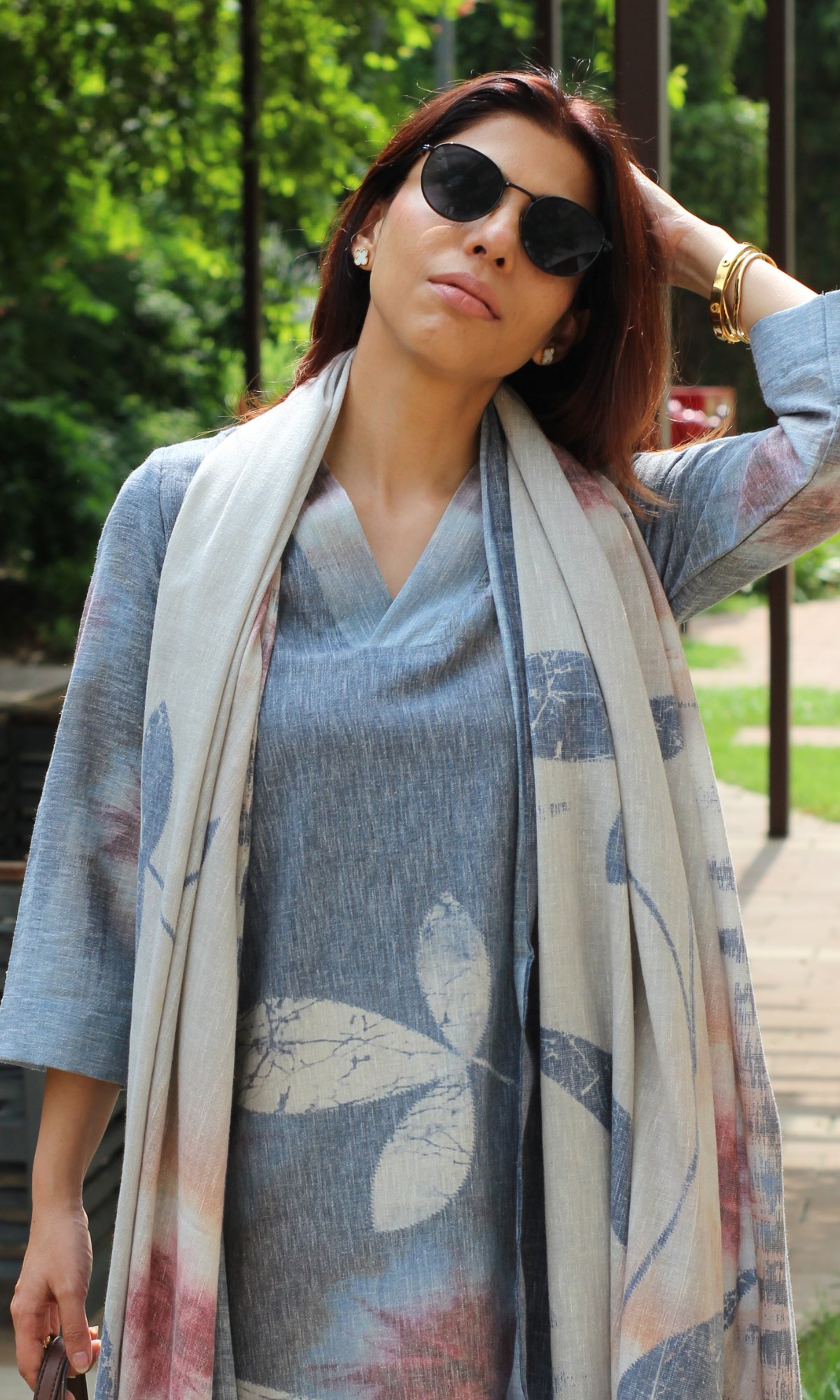 Linen Blend Slate Blue Bloom Print Kurta , Dupatta & Cotton Pants