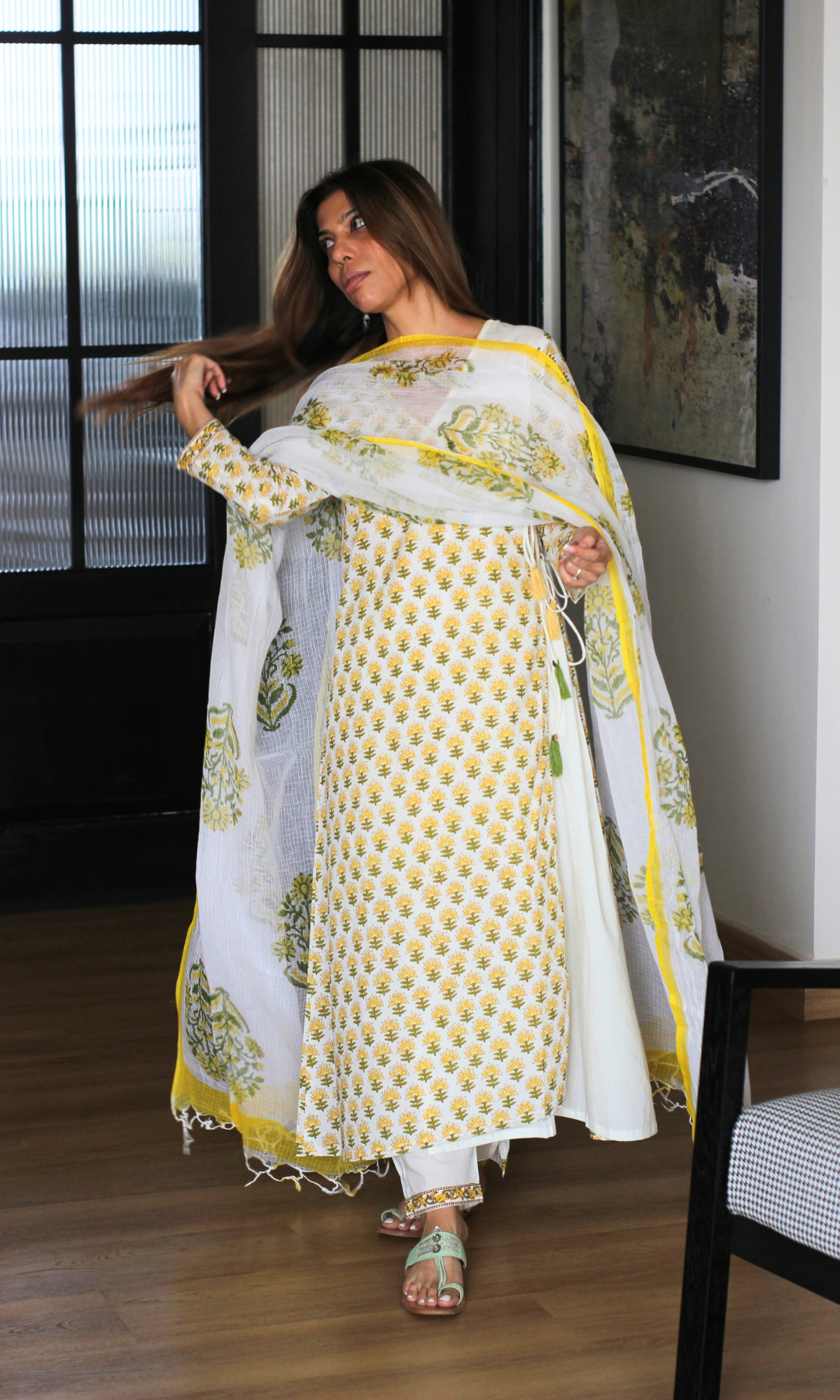 Surbhi Lemon Block Print Angrakha Style Kurta, Pants & Kota Doria Handblock Dupatta