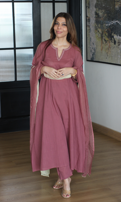Dusty Mauve Slub Cotton Kali Kurta, Pant with Kota Doria Ombré Dupatta
