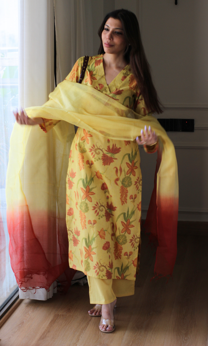 Linen Blend Marigold Floral Kurta, Cotton Pants & Ombré Kota Doria Dupatta