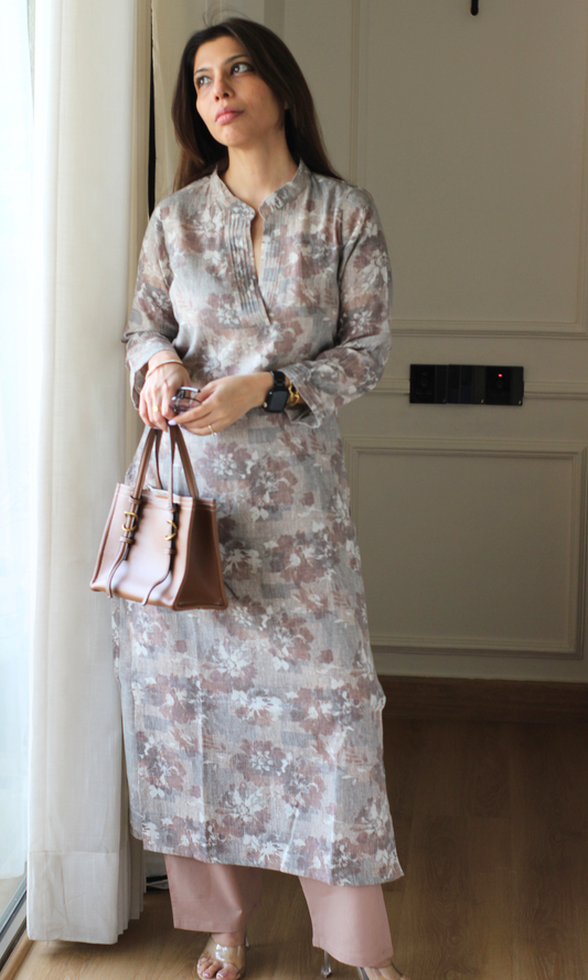 Linen Blend Almond Abstract Flower Kurta with Cotton Pants