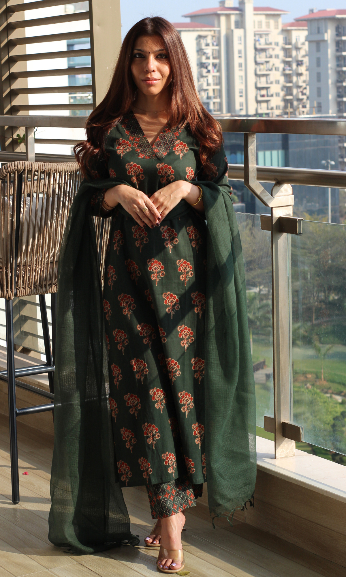 Ajrakh Boota Green & Red Cotton Kurta , Pant & Kota Doria Dupatta