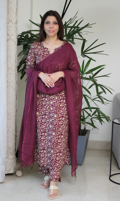 Sangria Baagh Printed Cotton Kurta, Pant & Kota Doria Dupatta