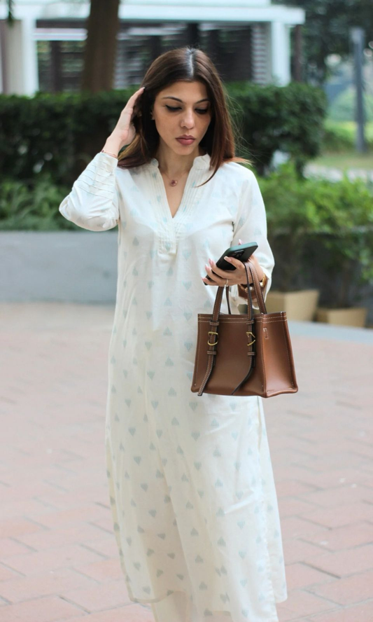 Oat Milk Cotton Dobby Pintex Collard Kurta with Pants