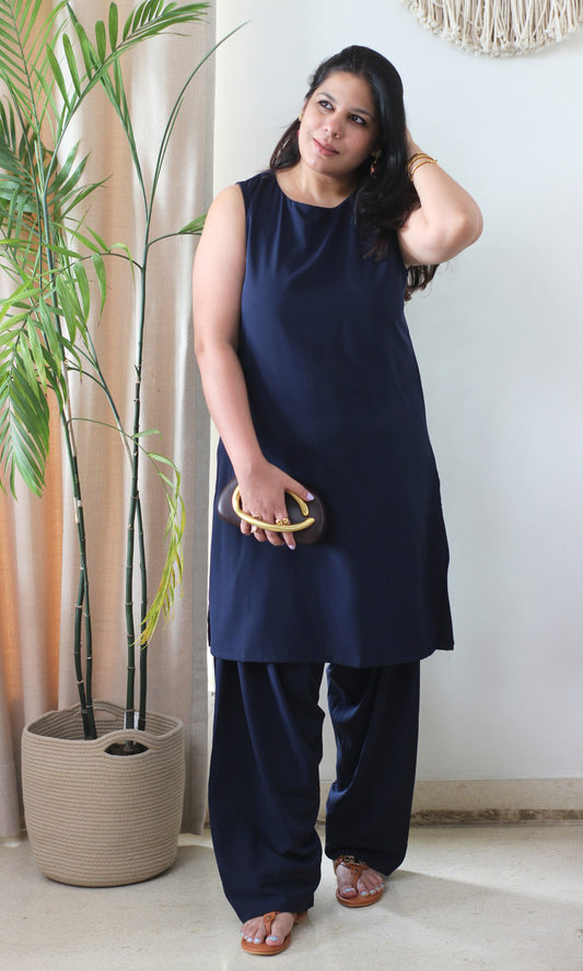 Deep Blue Glossy Boat Neck Kurta with Farshi Salwaar