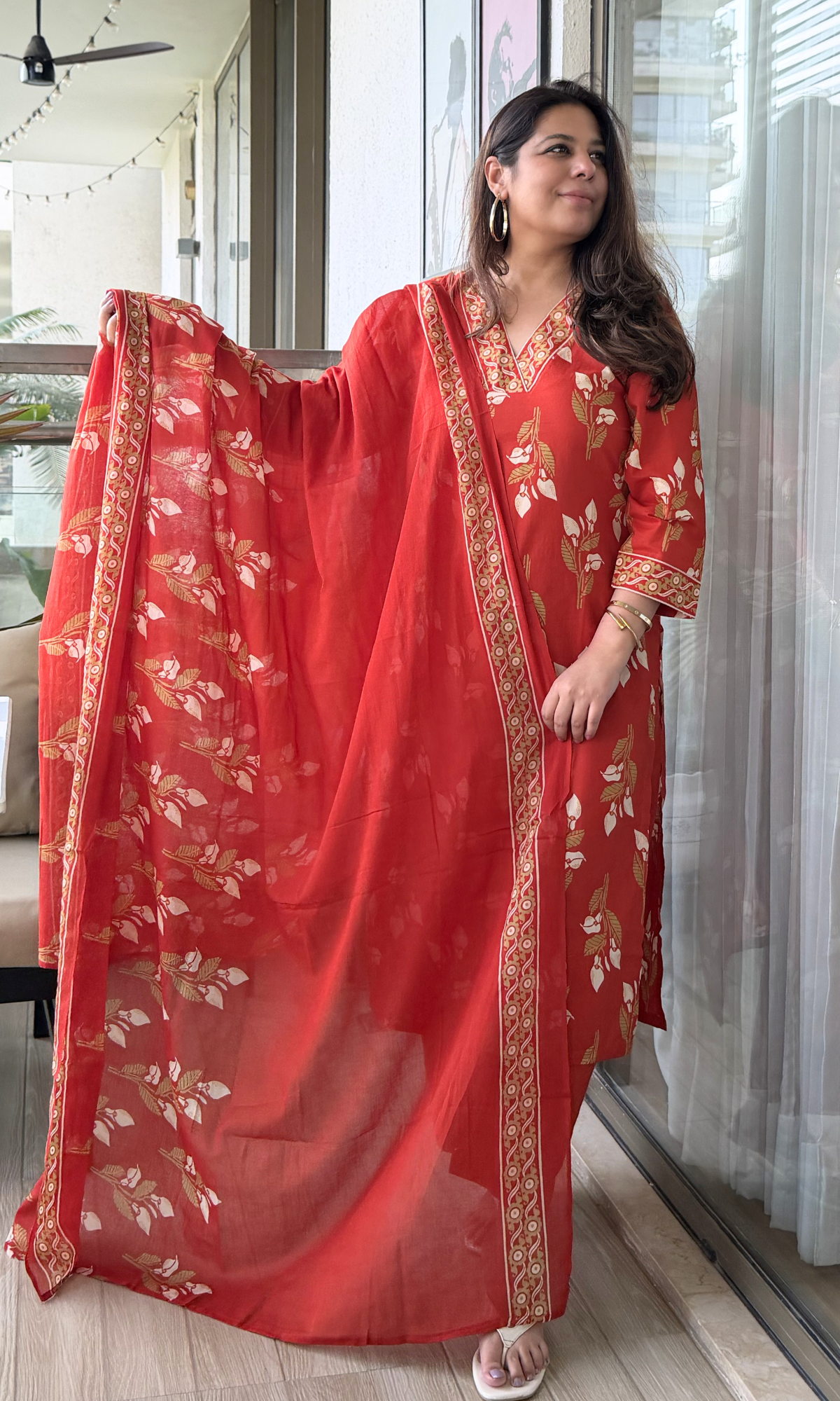 Tomato Petal Print Kurta, Mul Dupatta & Cotton Pants