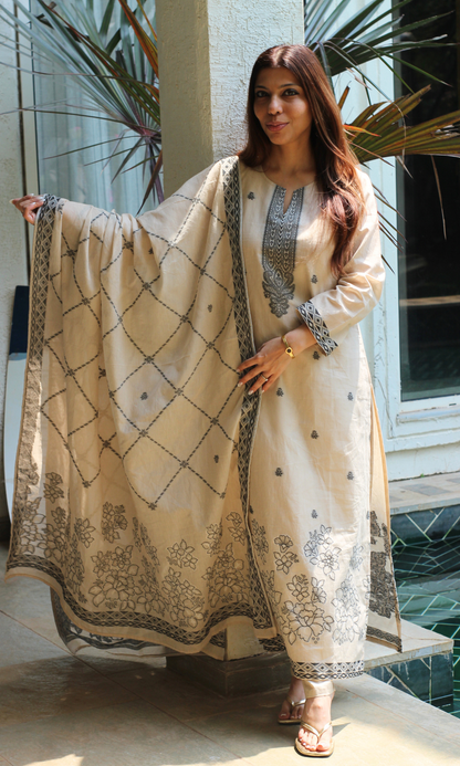 Beige & Black Loom Woven Kurta , Dupatta & Cotton Pants