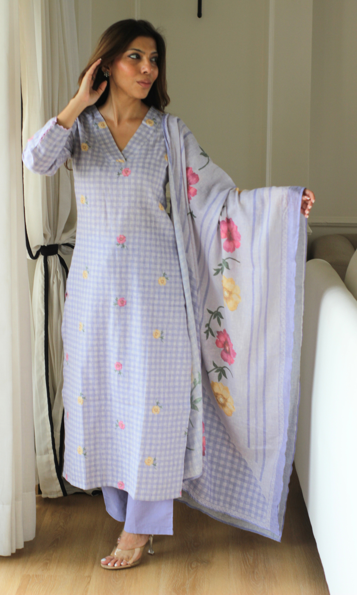 Lavender Checks Linen Blend Printed Kurta, Dupatta & Cotton Pants