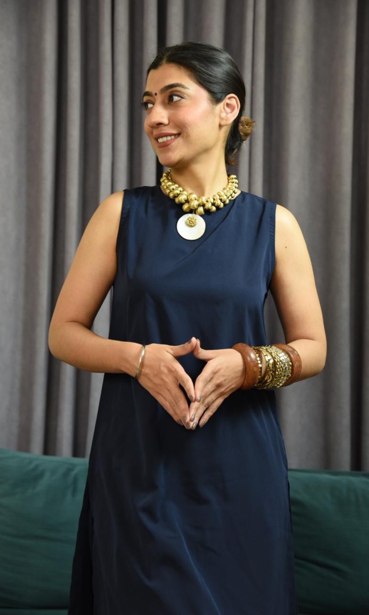 Deep Blue Glossy Boat Neck Kurta with Farshi Salwaar