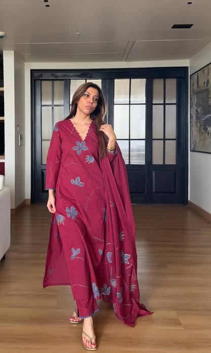 Berry & Blue Cotton Handbrush Painted Kurta, Dupatta & Cotton Pants