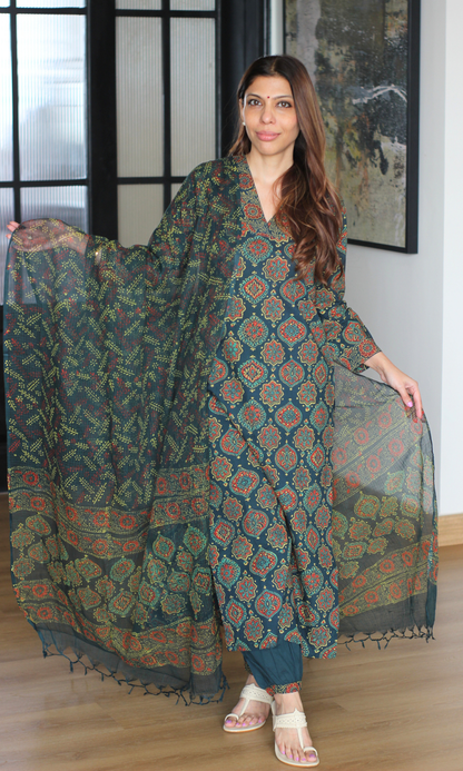 Badmeri Bottle Green Ajrakh Handblock Kurta, Kota Doria Handblock Dupatta & Cotton Afgani Pants