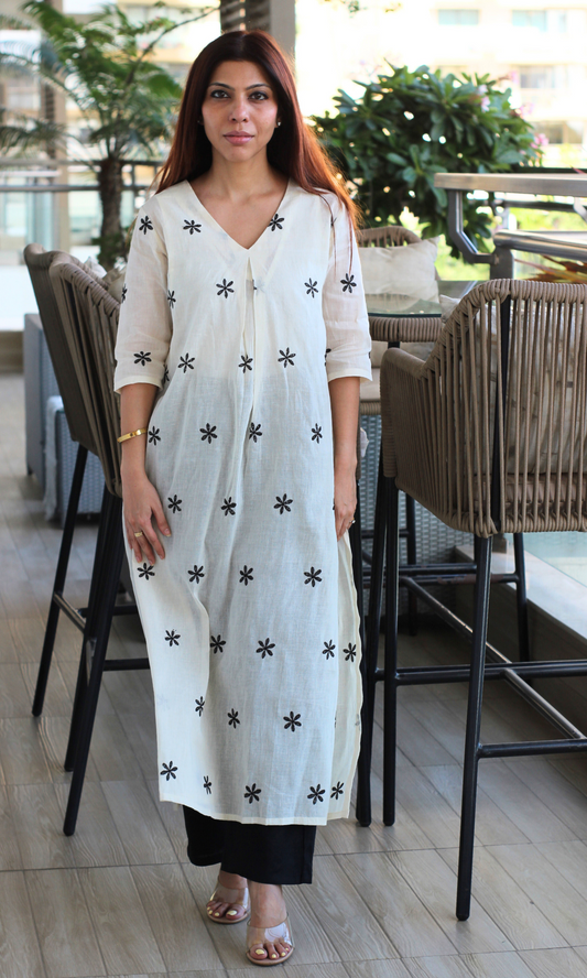 Kora Black Flowers Embroidered Pleated Kurta & Pants
