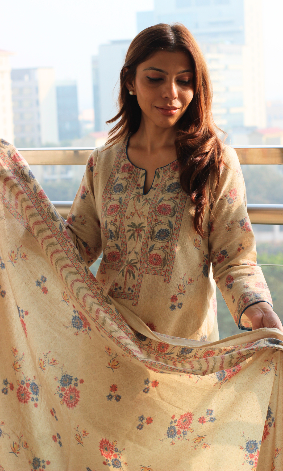 Beige Paradise Linen Blend Kurta, Dupatta & Cotton Pants