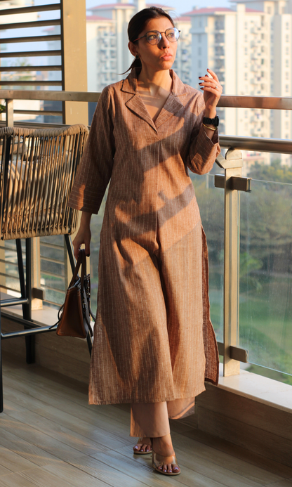 Mocha Brown Collared Striped Thread Kurta & Pant
