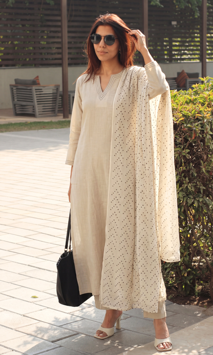 Cotton Slub Beige & Black Suit with Mul Polka Dupatta