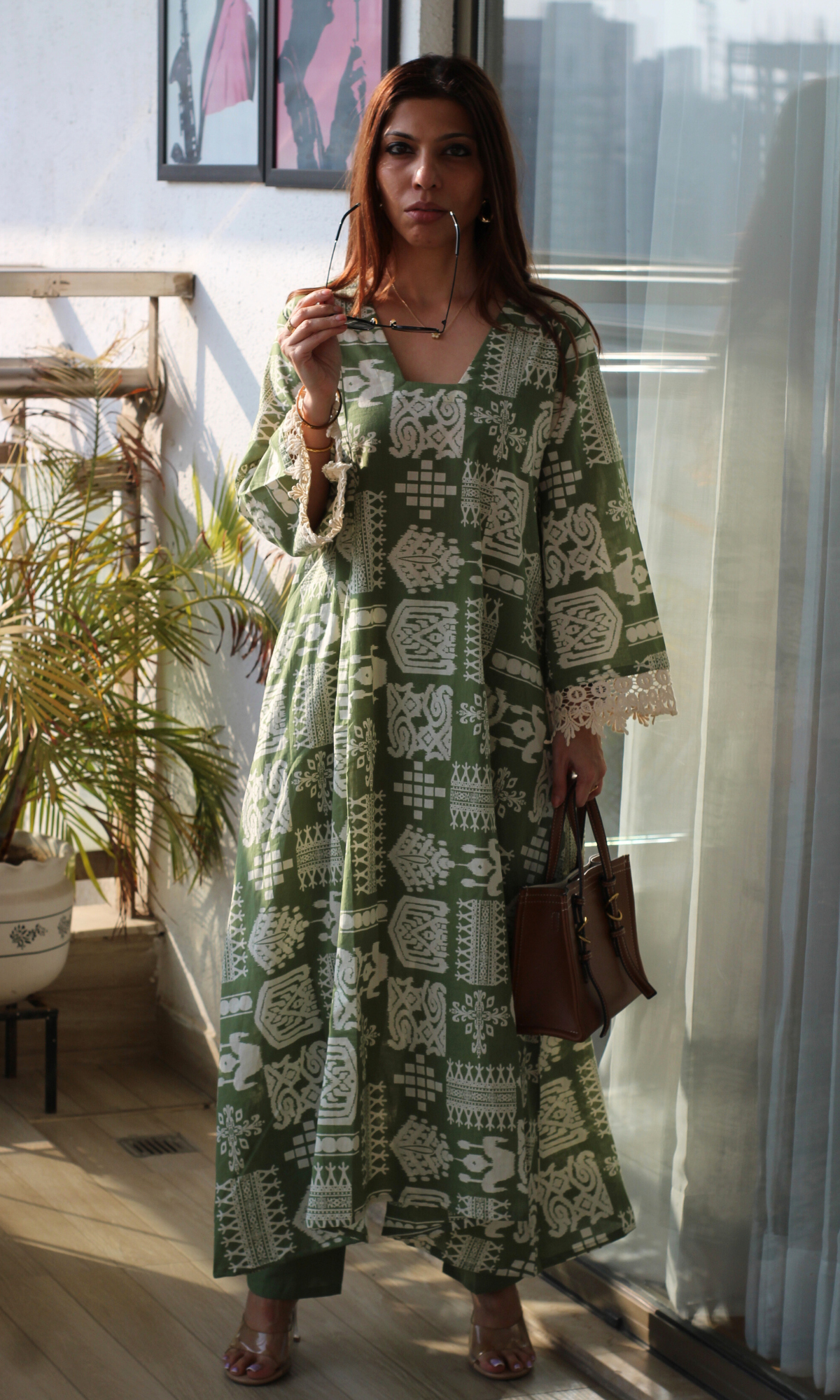 Cardomom Green Tribal Printed High Low Cotton Kurta with Pants