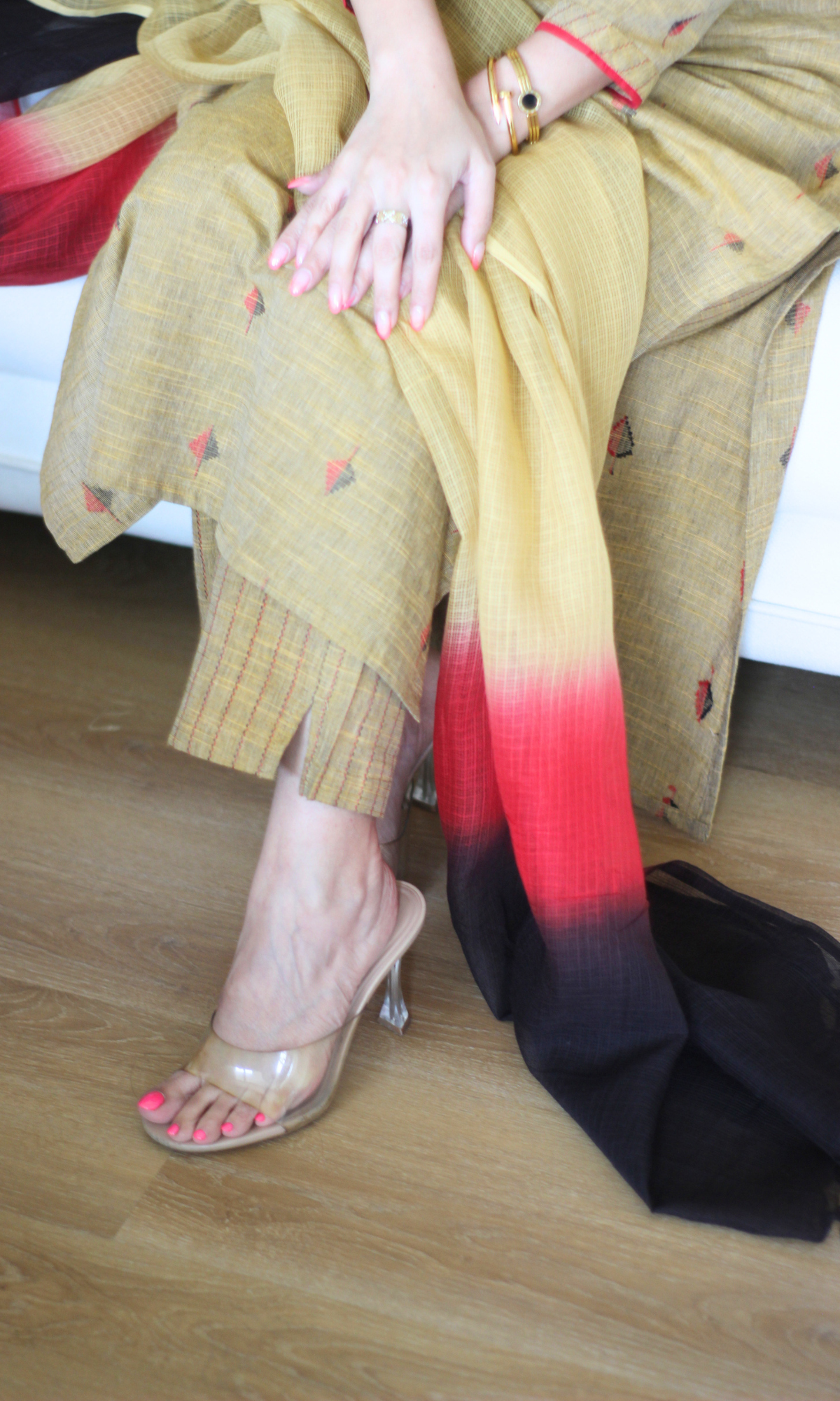 Copper & Red Handloom Cotton Dobby Kurta, Pant & Kota Doria Ombre Dupatta