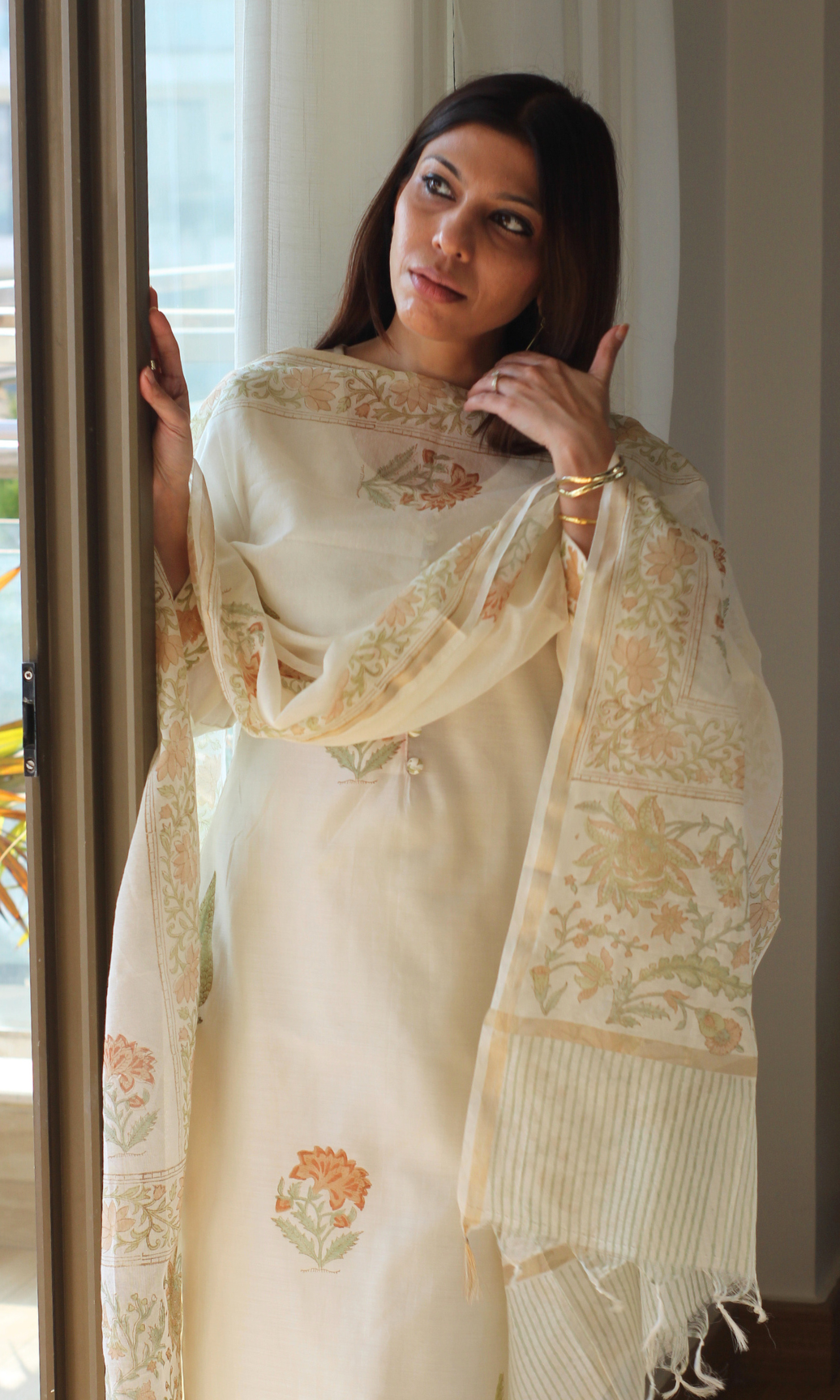 Saanjh Chanderi Silk Handblock Printed Kurta , Dupatta & Cotton Pants