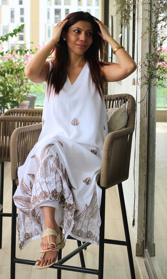 Ivory Fern Embroidered A line Kurta & Pant