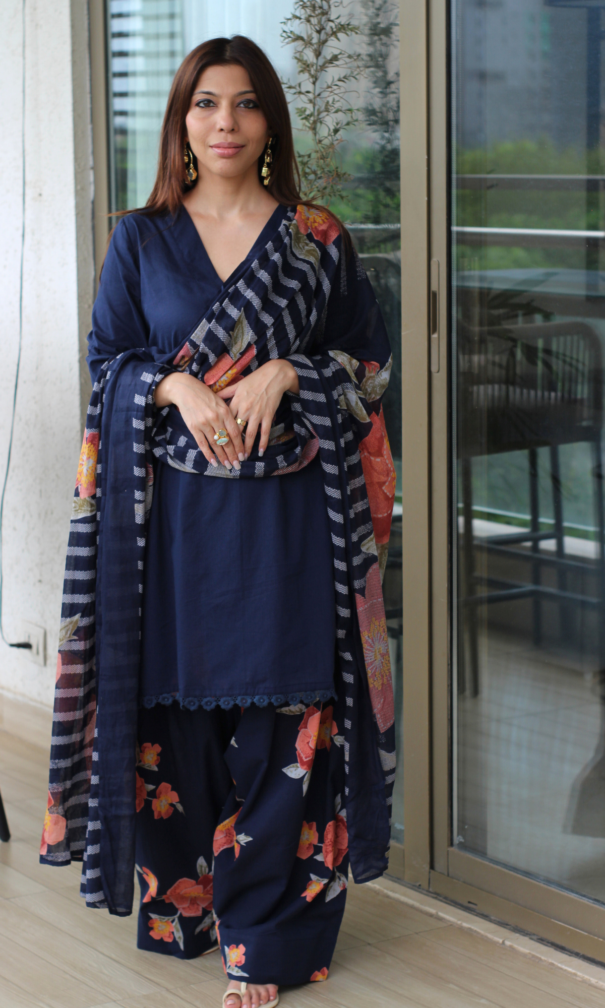 Navy Blue Gulzar Kurta with Farshi Salwar & Cotton Dupatta