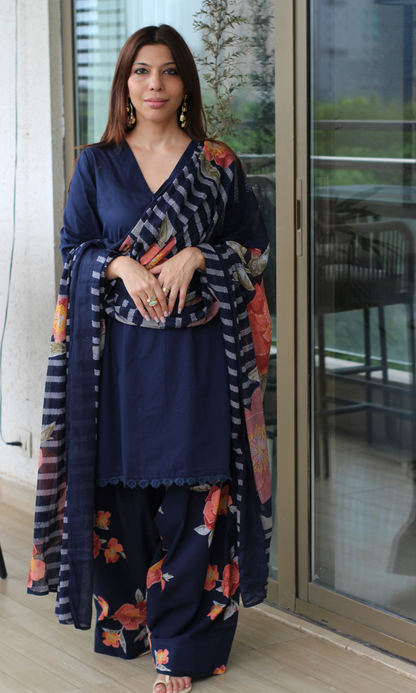 Navy Blue Gulzar Kurta with Farshi Salwar & Cotton Dupatta