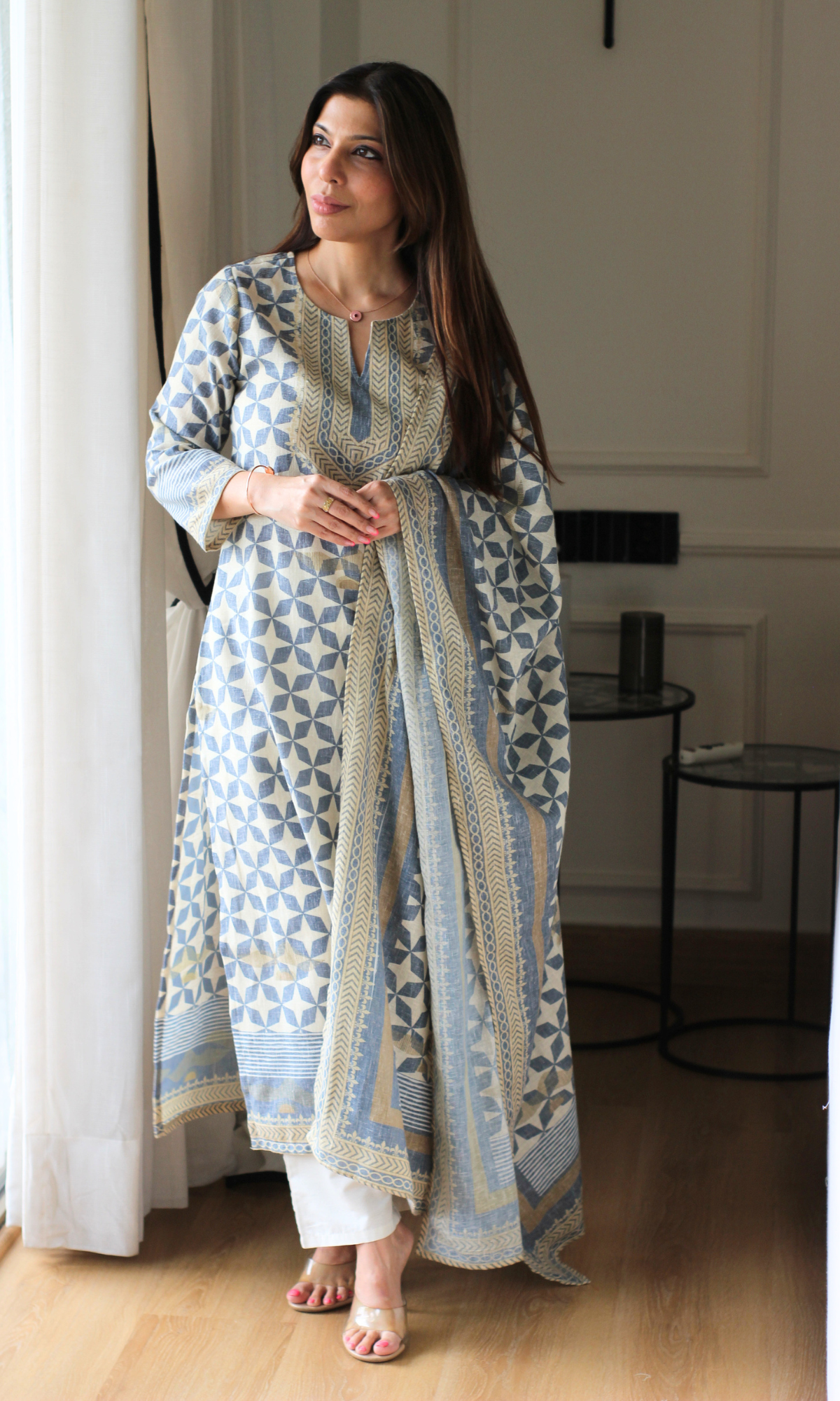 Linen Blend Beige Prism Print  Print Kurta , Dupatta with Cotton Pants