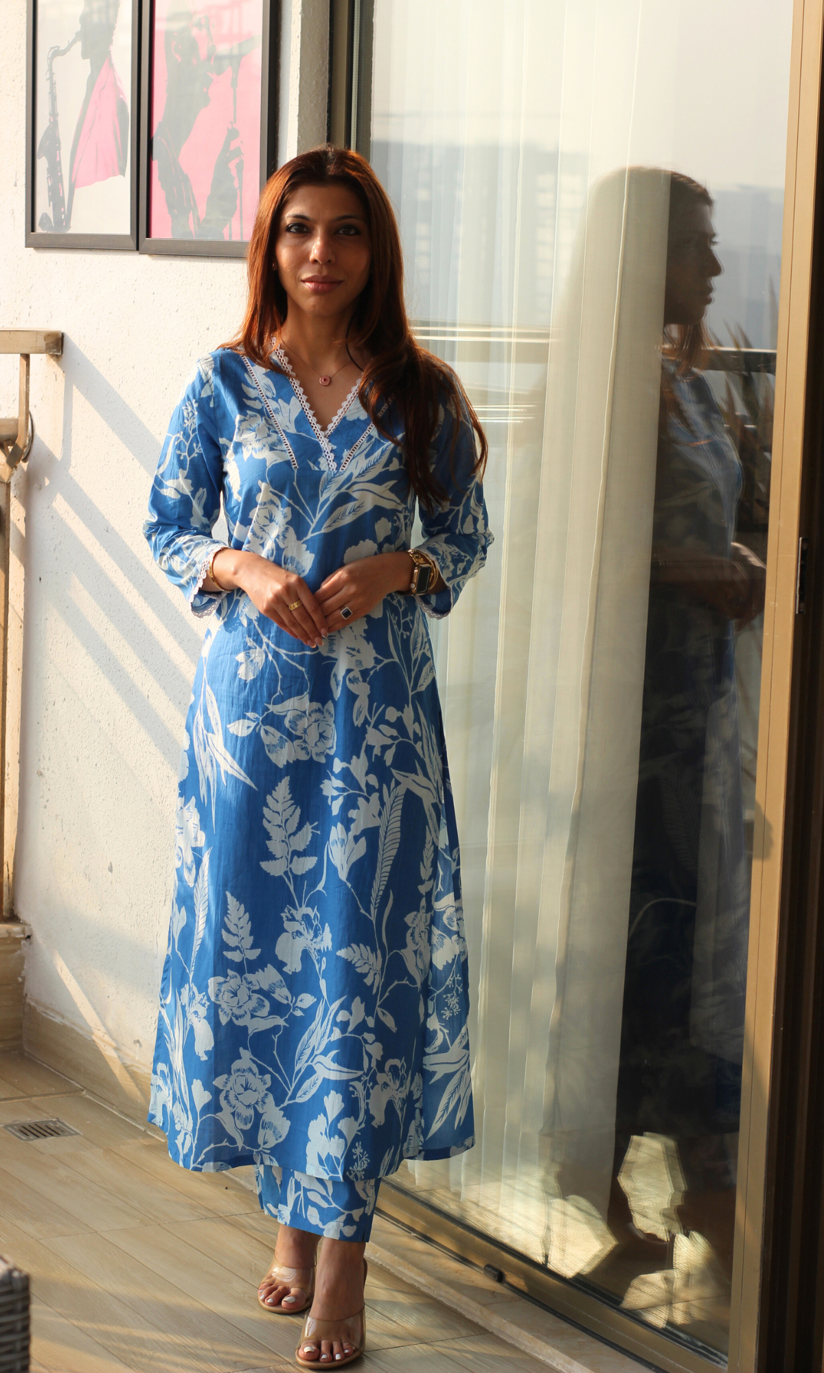 Cotton Sky Blue Printed A Line Kurta  & Pants