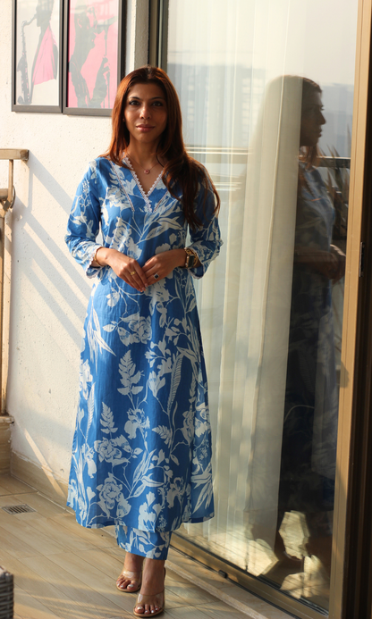 Cotton Sky Blue Printed A Line Kurta  & Pants