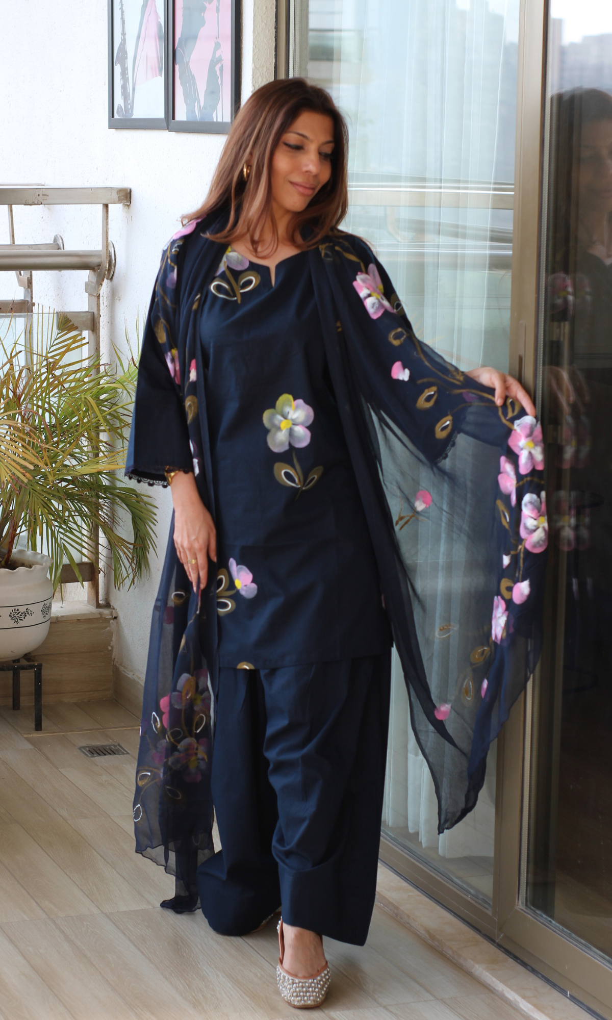 Cotton Navy Handbrush Painted Kurta, Chiffon Hand Painted Dupatta & Farshi Salwar