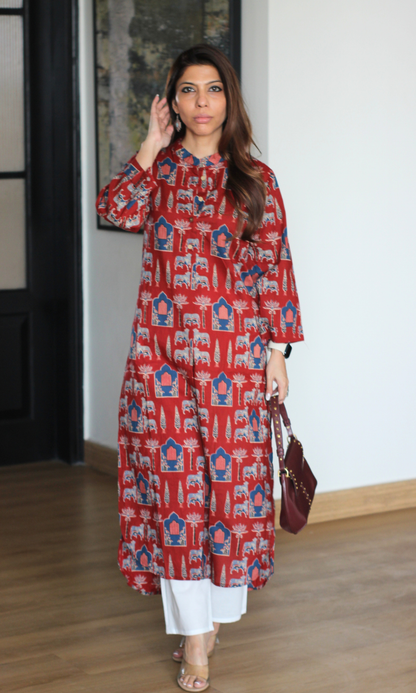 Red Fort Print Pathani Kurta & Pant