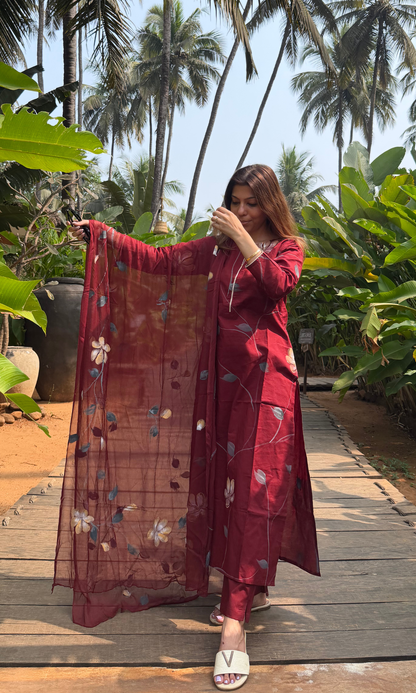 Maroon Zohra Handbrush Painted Kurta, Cotton Pants & Chiffon Handpainted Dupatta