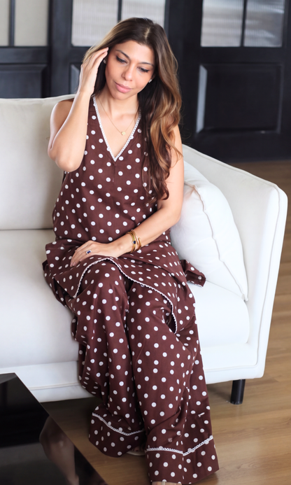 Brown Polka Print Kurta & Farshi Salwaar