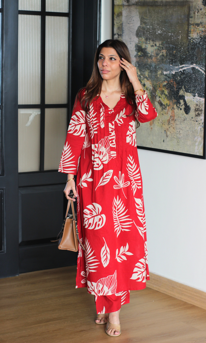 Cotton Soft Red Big Leaf Pleated Kurta & Pants Set