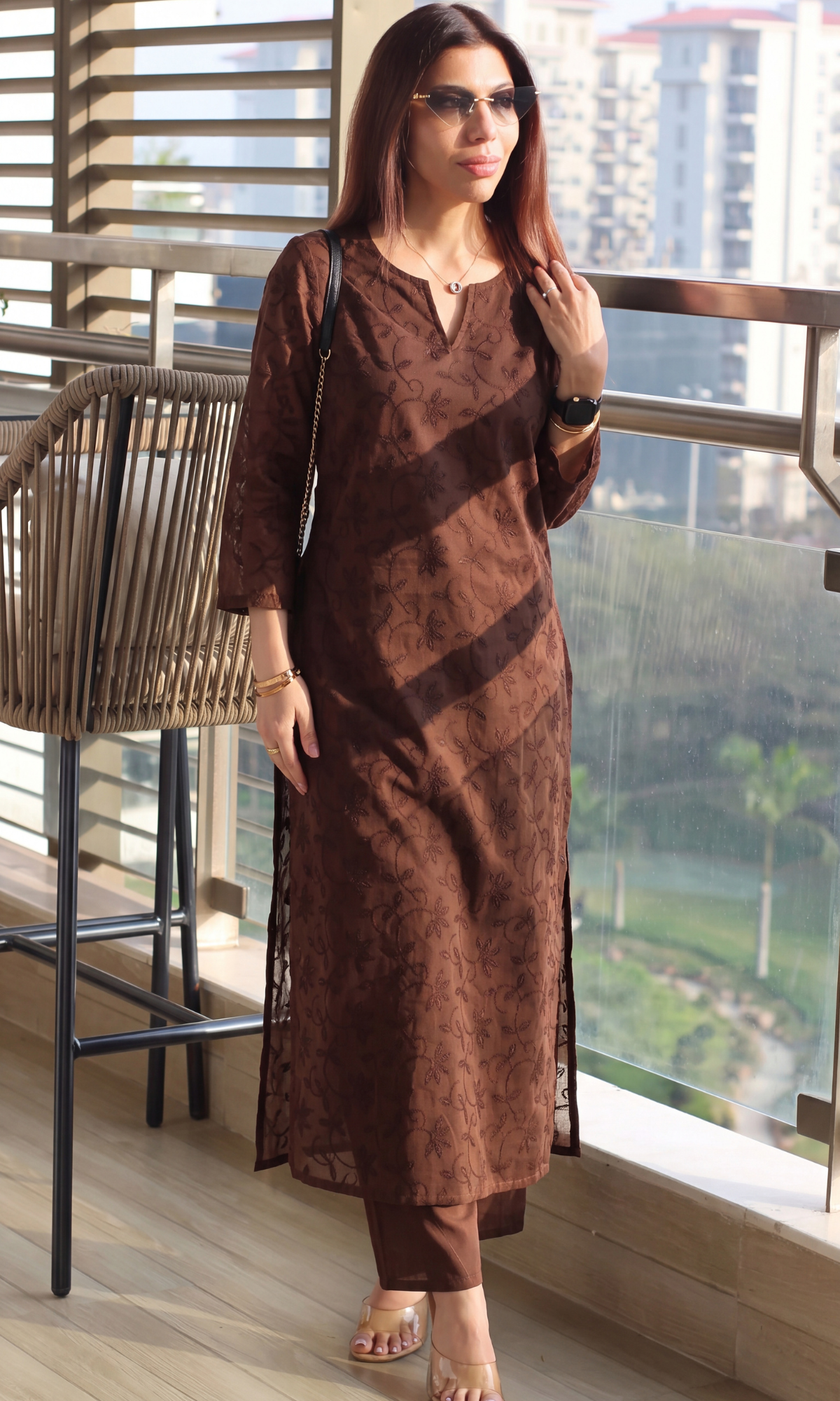 Dark Brown Overall Embroidered Kurta & Cotton Pants