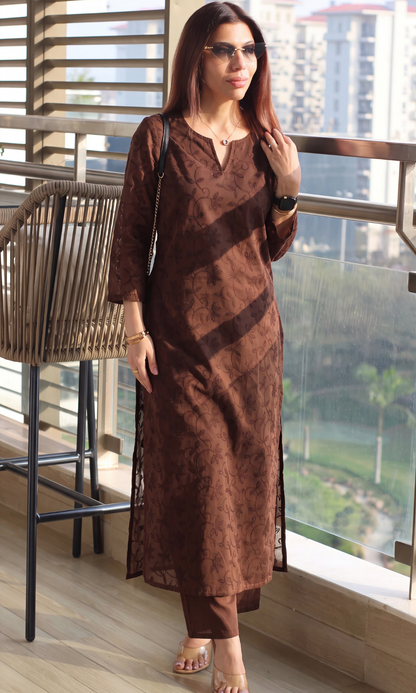 Dark Brown Overall Embroidered Kurta & Cotton Pants