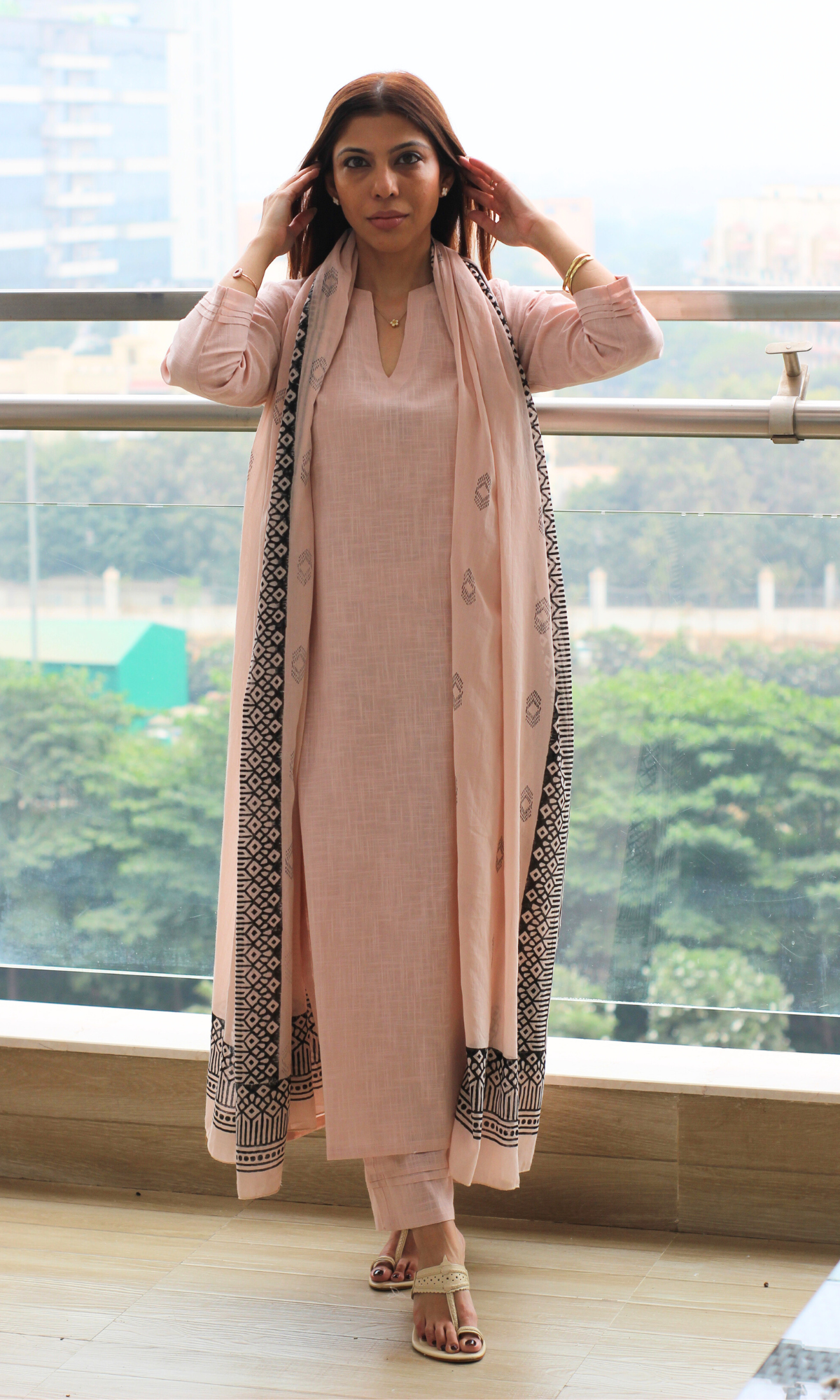 Cotton Slub Ballet Pink Suit with Mul Line Wave Dupatta