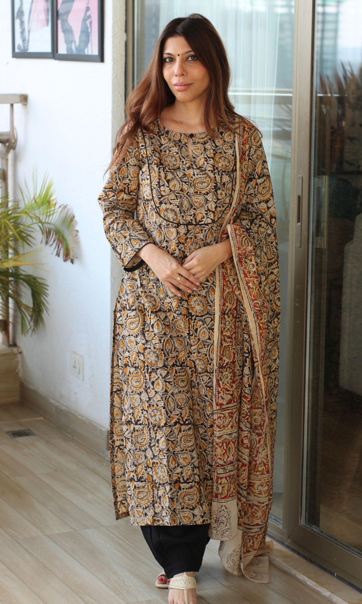 Black Handblock Kalamkari Print Kurta , Afgani Salwaar and Cotton Kalamkari Dupatta
