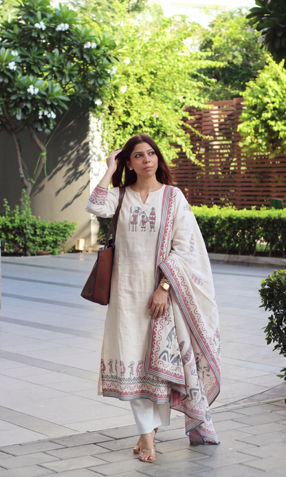 Vaari Linen Blend Printed Kurta, Dupatta & Cotton Pants