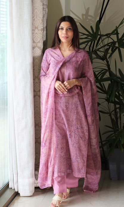 Cotton Dusty Mauve African Shibori Kurta, Chiffon Dupatta & Cotton Pants