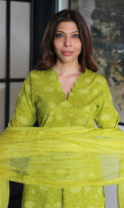 Lemon Olive Dabu Texture Cotton Kurta, Pant & Kota Doria Shibori Dupatta