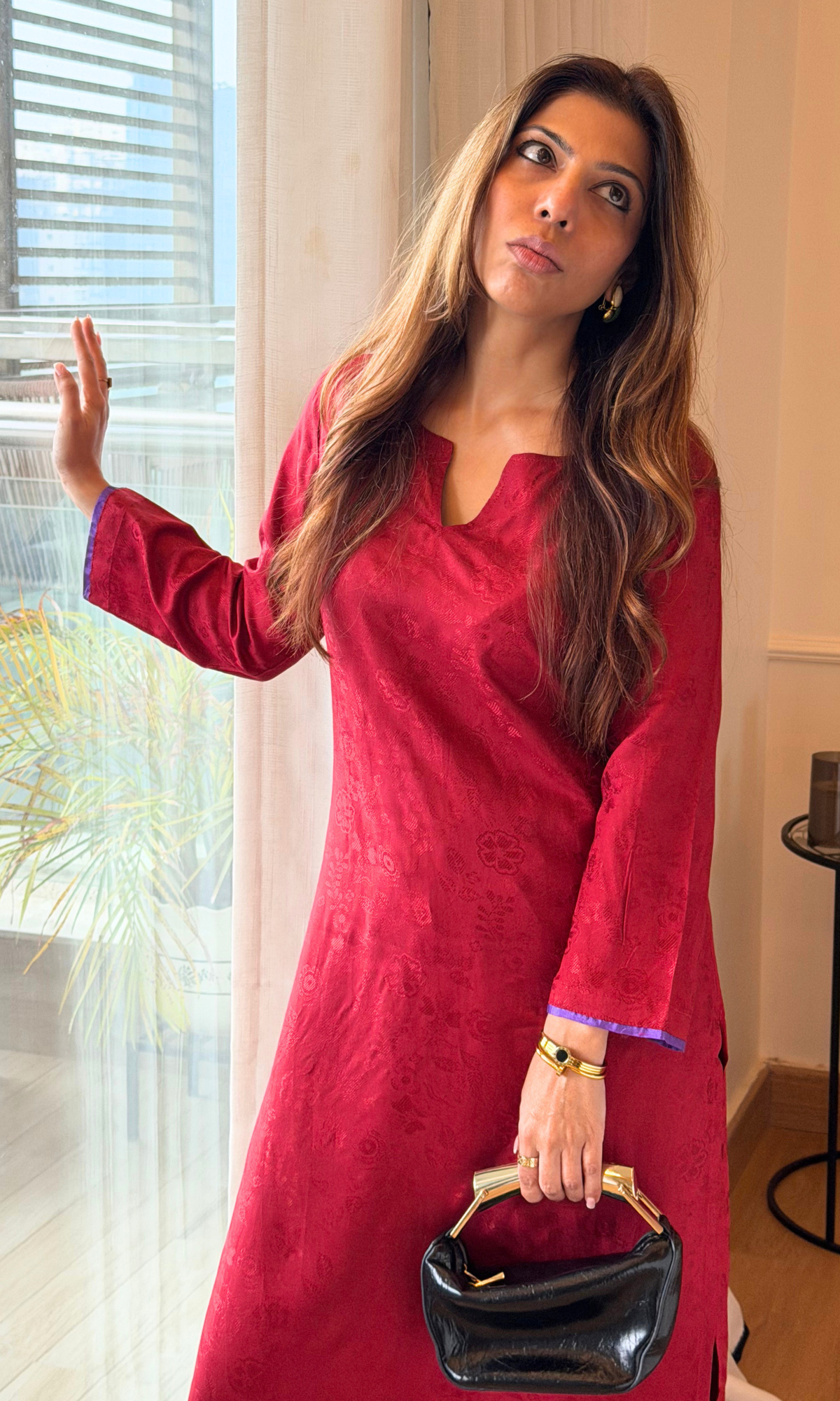 Red Jaquard Silk Kurta with Santoon Pants
