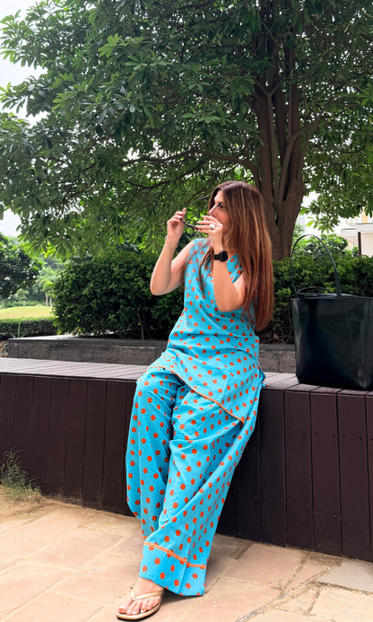 Blue Polka Print Kurta & Farshi Salwaar