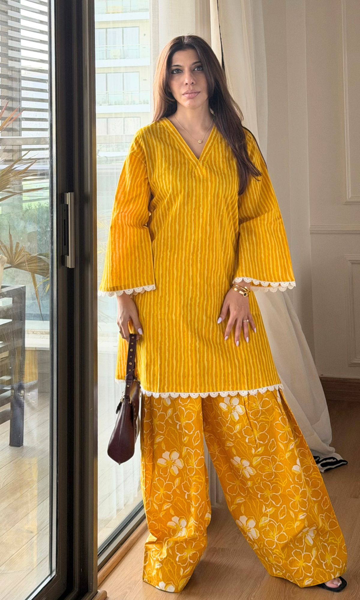 Cotton Yellow Striped Kurta with Floral Farshi Salwaar
